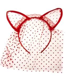 Polka Dot Veil Cat Ear Halloween Headband HN400157 RED